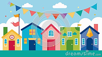 Each house on the block displayed a unique flag or banner with their welcome message creating a colorful and festive Vector Illustration