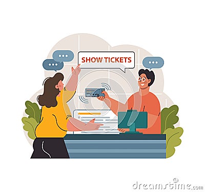 Eager concert goer purchasing music festival tickets from. Flat vector illustration Vector Illustration