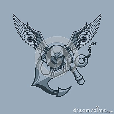 Eagle with Anchor in claws tattoo style Vector Illustration