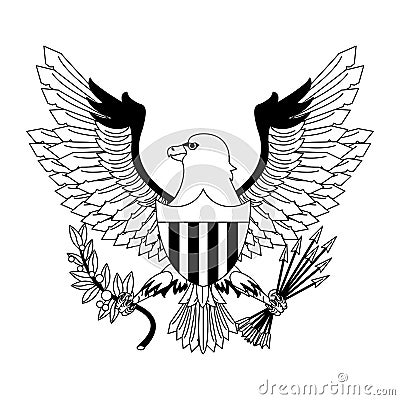 Eagle with arrows and leaves in black and white Vector Illustration