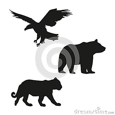 Eagle, bear and tiger black silhouette Vector Illustration