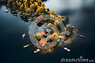 Huts and Boats on the Lake Side - Drone Shot - Generative AI Stock Photo