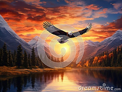 Ai Generated illustration Wildlife Concept of Eagle and fantastic sunset Cartoon Illustration