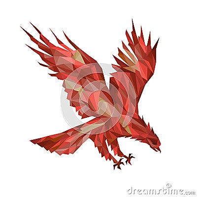 Eagle fiery phoenix made up of polygons triangles bright red brown dark red burgundy Vector Illustration