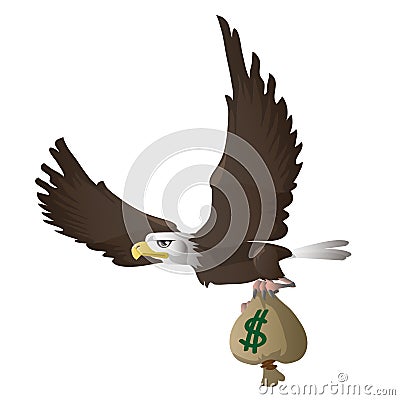 Eagle flies and carries bag with dollars Vector Illustration