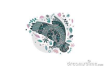 Eagle floral emblem. Cute bird print in scandi style. Vector funky print with eagle in simple minimal style. Vector Illustration