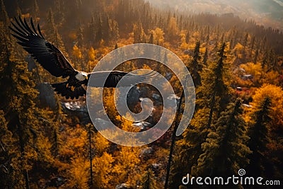 Eagle flying over forest trees. Wildlife bird hunting in the sky. Generative AI Stock Photo