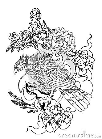 Eagle flying tattoo.Traditional Japanese eagle with Thai flower on cloud tattoo. Vector Illustration
