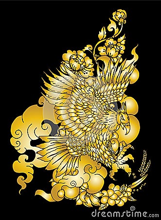 Eagle flying tattoo.Traditional Japanese eagle with Thai flower on cloud tattoo. Vector Illustration