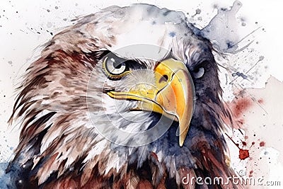 Eagle Headshot watercolors, patriotio Blad Angle combinded with American flag. Stock Photo