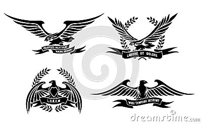 Eagle heraldic labels with laurel wreaths, shields Vector Illustration