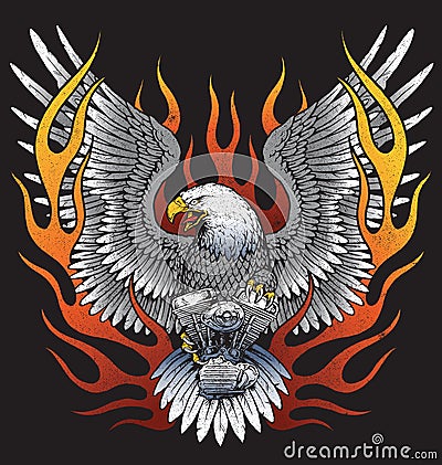 Eagle holding motorcycle engine with flames Vector Illustration