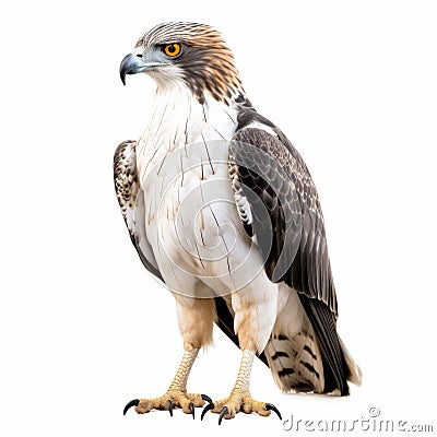 Eye-catching Hawk Standing On White Background In Dark White And Dark Beige Style Stock Photo