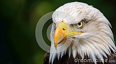 Eagle with keen gaze. Wild bird. On green background with copy space. Close up of bald eagle intense gaze. Design for poster, Stock Photo