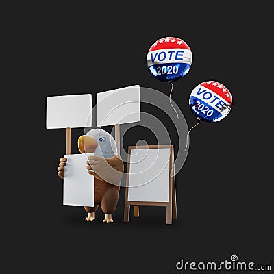 Eagle Mascot Vote 2020 United States of America Presidential . the concept design eagle holds a poster and balloon. 3d render. Stock Photo