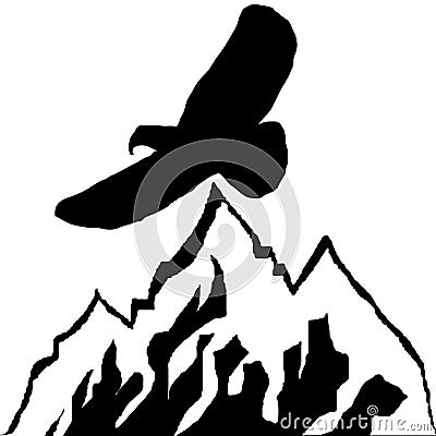 Eagle Mountain Logo Hand Drawn Illustration Style Silhouete Vector. Black and white vector illustration. Eagle soars in the wild Cartoon Illustration