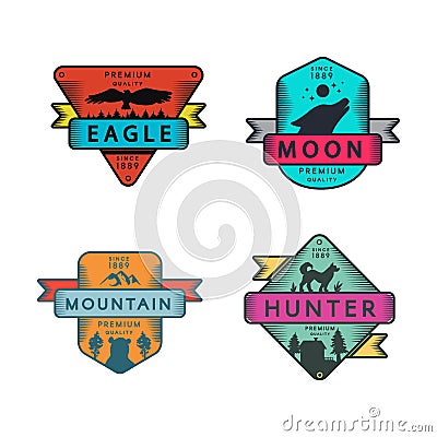 Eagle and Mountain, Moon and Hunter Badges Set Stock Photo