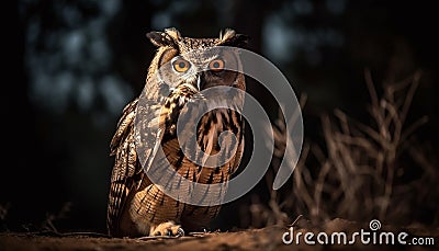 Eagle owl, majestic hunter, perching on snowy branch generated by AI Stock Photo