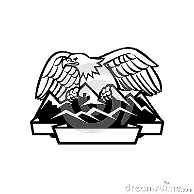 Eagle Perching on Mountain Range Black and white Vector Illustration