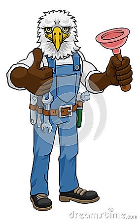 Eagle Plumber Cartoon Mascot Holding Plunger Vector Illustration