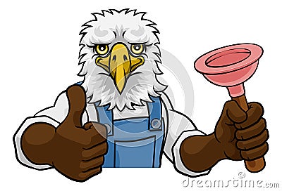 Eagle Plumber Cartoon Mascot Holding Plunger Vector Illustration