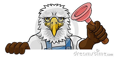 Eagle Plumber Cartoon Mascot Holding Plunger Vector Illustration