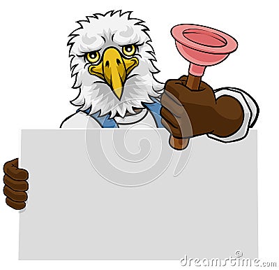 Plumber Eagle Plunger Cartoon Plumbing Mascot Vector Illustration