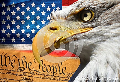 Eagle portrait closeup symbol usa or us stripes and stars flag Stock Photo