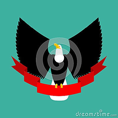 Eagle and red ribbon. Big black bird emblem Vector Illustration