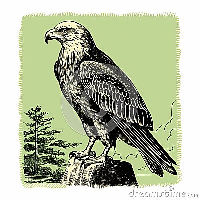 Eagle Resting On Rock - Vector Illustration In Cicely Mary Barker Style Cartoon Illustration