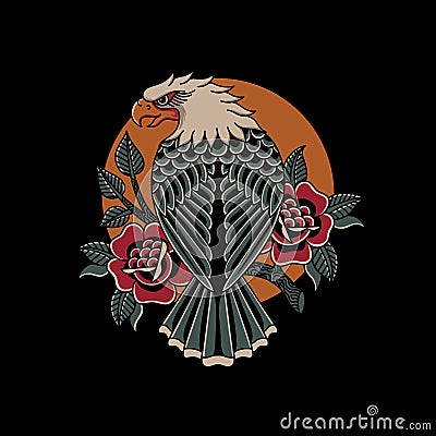 Eagle and roses traditional tattoo style Vector Illustration