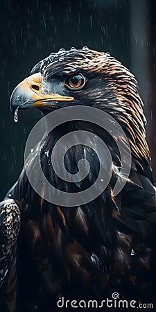 Eagle sitting on a branch in the rain, close-u Generative AI Stock Photo