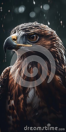 Eagle sitting on a branch in the rain, close-u Generative AI Stock Photo