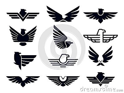 Eagle symbol. Silhouette flying eagles emblem, winged badge and freedom hawk wings stencil vector icons bundle Vector Illustration