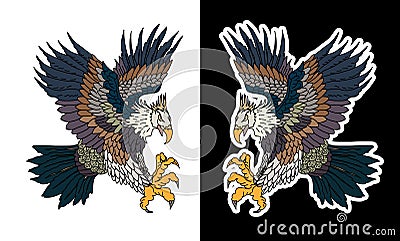 Gold Hand drawn traditional Japanese Eagle.Native American Eagle attacking.Old-school tattoo design. Vector Illustration