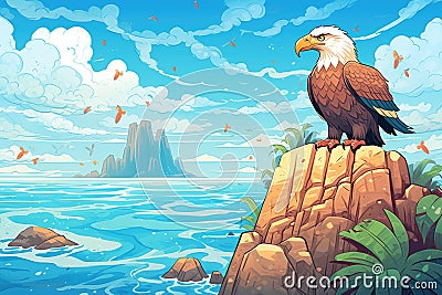 eagle watching the sea from beachside rock Stock Photo