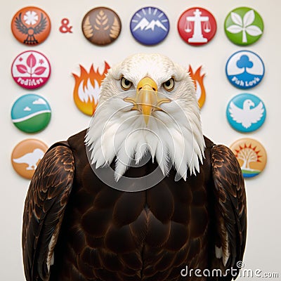 Eaglehead icon displayed within a colorful set of circular button shapes Stock Photo