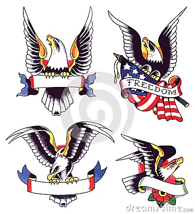 American eagles oldskool tattoo set. Set of labels and elements. Vector set illustration template tattoo Cartoon Illustration