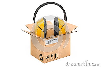 Ear defenders inside cardboard box, delivery concept. 3D rendering Stock Photo
