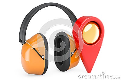 Ear defenders with map pointer. 3D rendering Stock Photo
