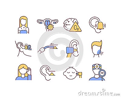 Ear diseases RGB color icons set Vector Illustration