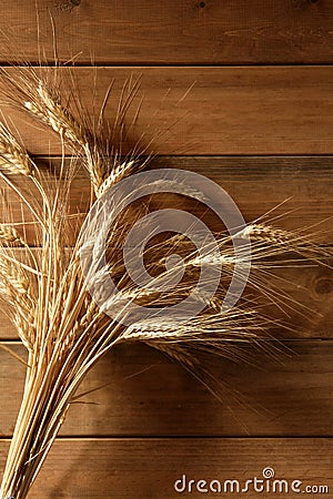 Ear golden wheat spike over wooden background Stock Photo