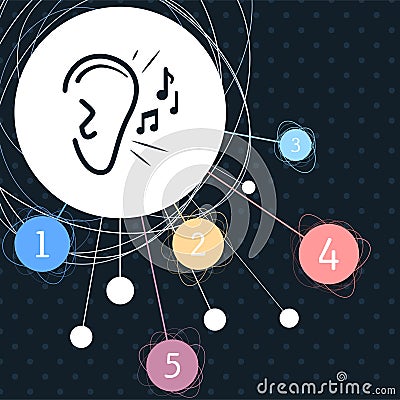 Ear listen sound signal icon with the background to the point and with infographic style. Cartoon Illustration