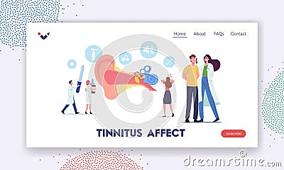 Ear Pain, Tinnitus, Otitis, Landing Page Template. Tiny Characters Doctors and Patients at Huge Human Ear Anatomy Vector Illustration