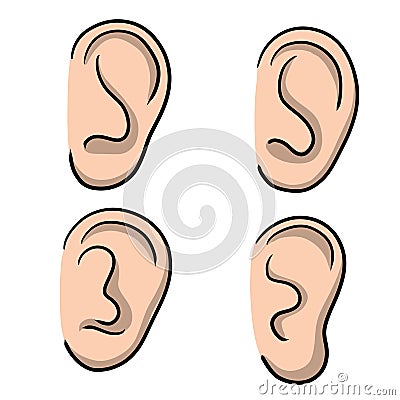 Ear. Part of human body. Eement of head. Symbol of hearing and eavesdropping. Set of different forms Vector Illustration