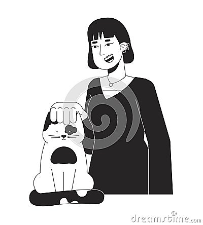 Ear piercings asian girl petting cat black and white 2D line cartoon character Vector Illustration