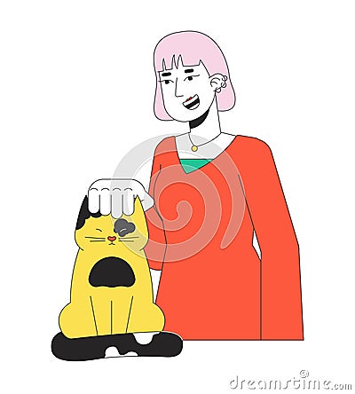 Ear piercings asian girl petting cat 2D linear cartoon character Vector Illustration