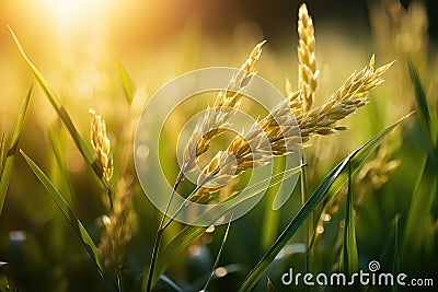 Ear of rice, Rice field, Closeup of yellow paddy rice field with green leaf and Sunlight in the morning time. Stock Photo