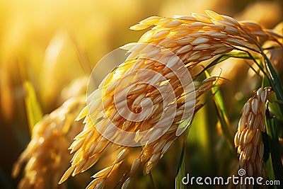 Ear of rice, Rice field, Closeup of yellow paddy rice field with green leaf and Sunlight in the morning time. Stock Photo