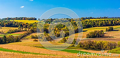 Early-autumn view of rolling hills in rural York County, Pennsylvania. Stock Photo